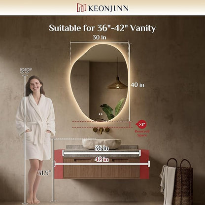 Keonjinn Asymmetrical Backlit Mirror 30x40 Inch, Irregular LED Bathroom Mirror, Lighted Bathroom Mirror with Tempered Glass, UL-Listed LED Driver, Stepless Dimmable with 3 Colors, Horizontal/Vertical