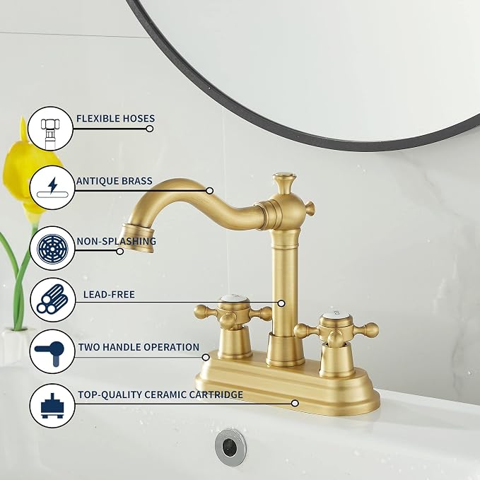 Bathroom Faucet Antique Brass 2 Handles 4 Inches Centerset Bathroom Vanity with Drain Assembly and Supply Hose Lavatory Faucet