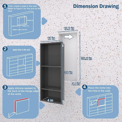 30 x 12 Inch Shower Niche, Matte Black Stainless Steel Recessed Wall Niche, No Tile Needed Built-in Shower Shelf, 3-Tier Bathroom Storage Organizer, Waterproof Rustproof