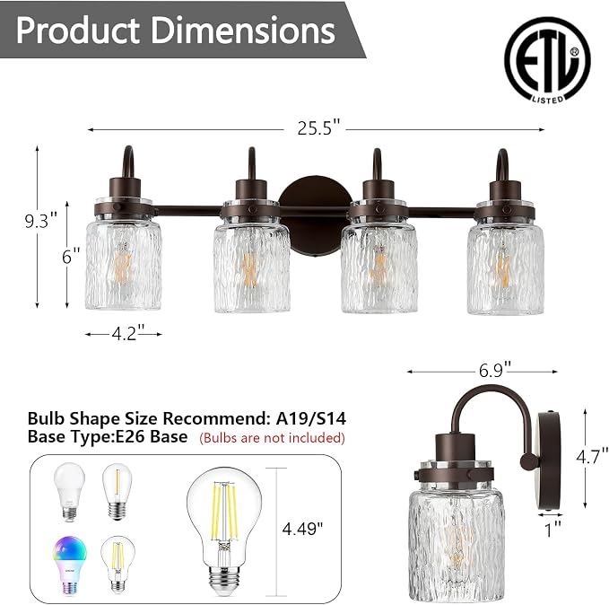 4 Lights Bathroom Vanity Light, Oil Rubbed Bronze Bathroom Light Fixtures with Hammered Glass Lampshade for Dressing Table,Over Mirror,Hallway