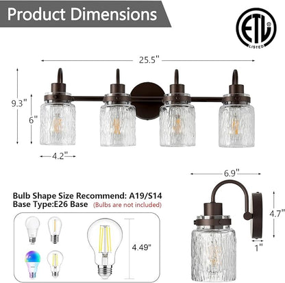 4 Lights Bathroom Vanity Light, Oil Rubbed Bronze Bathroom Light Fixtures with Hammered Glass Lampshade for Dressing Table,Over Mirror,Hallway