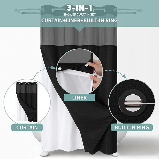 eachope No Hook Waffle Shower Curtain with Snap-in Liner, 54x80 Inch, Black | 230GSM waffle weave fabric, waterproof liner set with 2 bottom magnets, mesh window, washable, for shower stalls or bathrooms