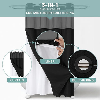 eachope No Hook Waffle Shower Curtain with Snap-in Liner, 54x80 Inch, Black | 230GSM waffle weave fabric, waterproof liner set with 2 bottom magnets, mesh window, washable, for shower stalls or bathrooms