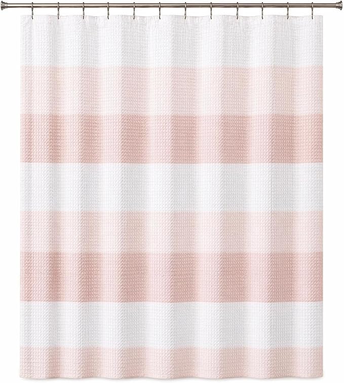 Dainty Home Ombre Waffle Weave Shower Curtain 70 x 72 Blush Textured Fabric Shower Curtain, Hotel Style Waffle Weave Bathroom Curtain, Water Resistant Polyester Ombre Shower Curtain