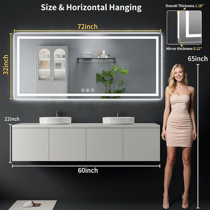 72"x32" LED Bathroom Mirror with Lights, Backlit+Frontlit, Anti-Fog | CRI 95, Stepless Dimmable, 3 Colors Lighting, Shatterproof Tempered Glass, HD Reflection, Memory, (Horizontal/Vertical)