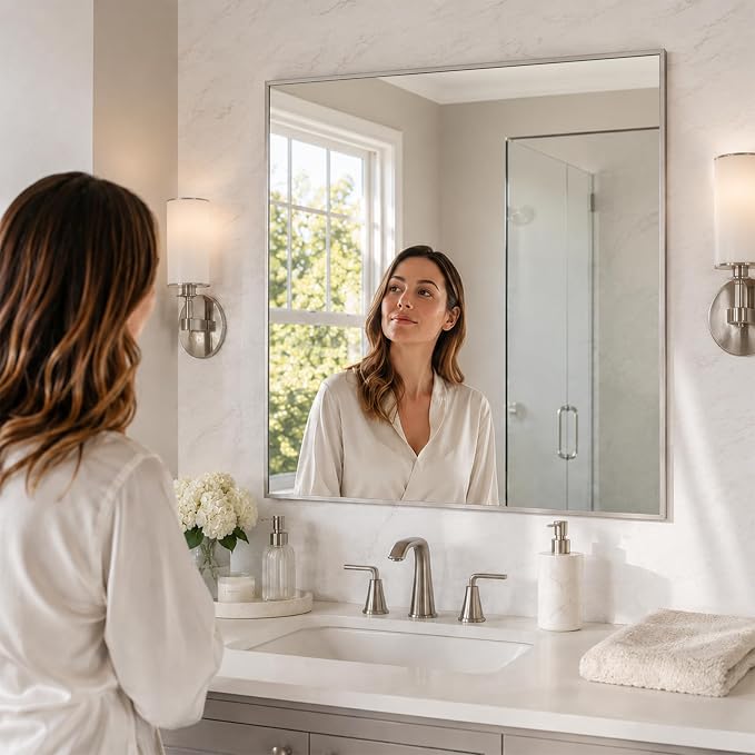 36"x36" Brushed Nickel Framed Square Bathroom Vanity Wall Mirror | Accent Wall Mirror, Square Geometric Look, Slim Metal Frame, Living Room or Entryway, Keyhole Mount, Tempered Glass
