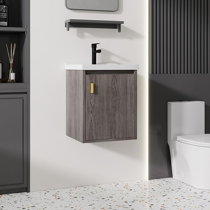 16'' Bathroom Vanity with Ceramic Sink Combo, Wall Mounted Small Bathroom Vanity with Soft-Close Door Modern Floating Cabinet, Pop-up Drain, P-Trap Included, GreyWalnut(No Faucet)
