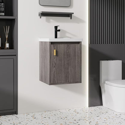 16'' Bathroom Vanity with Ceramic Sink Combo, Wall Mounted Small Bathroom Vanity with Soft-Close Door Modern Floating Cabinet, Pop-up Drain, P-Trap Included, GreyWalnut(No Faucet)