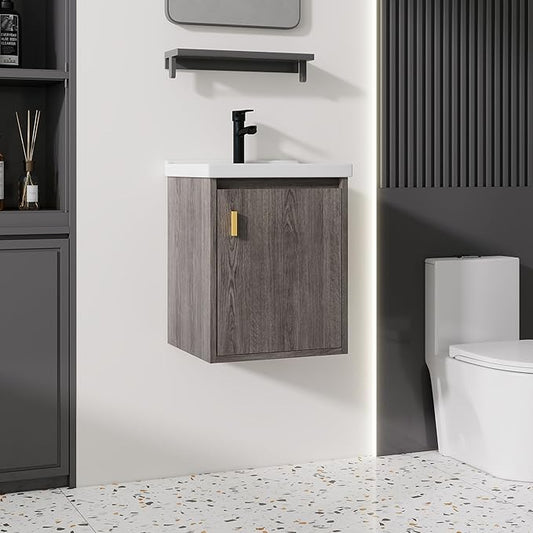 16'' Bathroom Vanity with Ceramic Sink Combo, Wall Mounted Small Bathroom Vanity with Soft-Close Door Modern Floating Cabinet, Pop-up Drain, P-Trap Included, GreyWalnut(No Faucet)