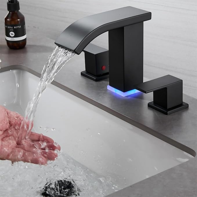 Bathroom Faucets Set Matte Black 8 inch Bathroom Sink Faucet 3 Hole with Pop Up Drain Widespread Modern Waterfall Vanity Faucet with 3 Colors Light Changing (Matte Black)