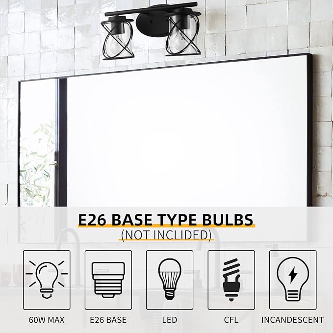 2-Lights Vanity Lights, Matte Black Farmhouse Wall Lights with Clear Glass Shade, Over Mirror Vanity Light, Kitchen Bedroom Bathroom Wall Lamp