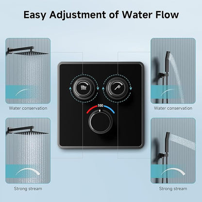 SR SUN RISE 100℉ Thermostatic Shower System,12" Luxury Rainfall Shower Head and High-Pressure Handheld Bathroom Shower Faucet Set,Shower Valve and Trim Kit Included (Matte Black)