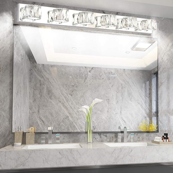 Aipsun 6 Lights 41in Crystal Vanity Lights Over Mirror Long Bathroom Lighting Fixture Modern LED Vanity Light for Bathroom,White Light 6000K