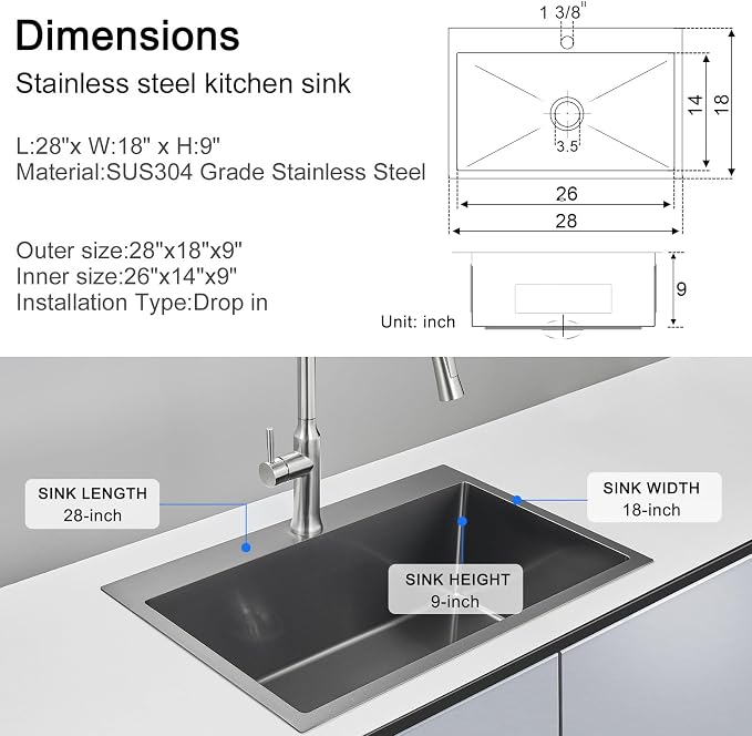 28"x18" Drop in Single Bowl Kitchen Sink SUS304 Black Steel 9" Deep | 28 inch Black Drop-in Sink | SUS304 SS | Topmount | 9" deep | Single bowl | Family Kitchen/Prep | Large Capacity