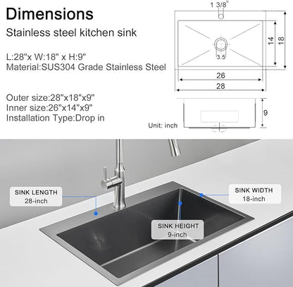 28"x18" Drop in Single Bowl Kitchen Sink SUS304 Black Steel 9" Deep | 28 inch Black Drop-in Sink | SUS304 SS | Topmount | 9" deep | Single bowl | Family Kitchen/Prep | Large Capacity