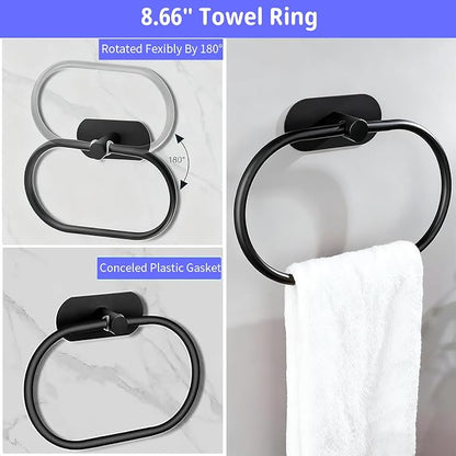 Bathroom Hardware Set, 16" Bathroom Towel Holder with Toilet Paper Holder, Towel Ring, Towel Hook, Bathroom Accessories for Kitchens, Laundry Rooms (5, Black)