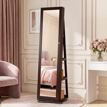 Bonnlo 360° Swivel Jewelry Mirror Cabinet with Inside Makeup Mirror,Full Length Mirror with Jewelry Storage, Lockable Standing Jewelry Armoire Organizer, Espejo Oon Almacenamiento for Bedroom,Brown