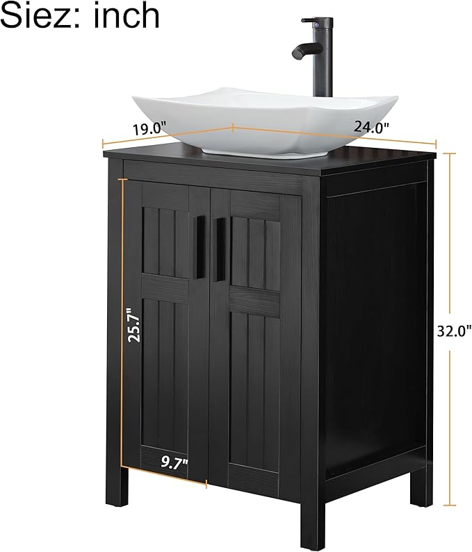 UEV Black 24" Bathroom Vanity with Sink Combo,Modern Freestanding Sink Cabinet,Stylish Bathroom Vanity Cabinet,Grooved Double Doors,Metal Handles,Modern Artistic Ceramic Vessel Sink Combo(032WH New)