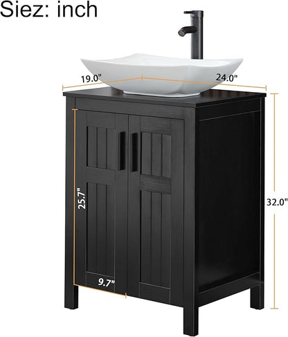 UEV Black 24" Bathroom Vanity with Sink Combo,Modern Freestanding Sink Cabinet,Stylish Bathroom Vanity Cabinet,Grooved Double Doors,Metal Handles,Modern Artistic Ceramic Vessel Sink Combo(032WH New)