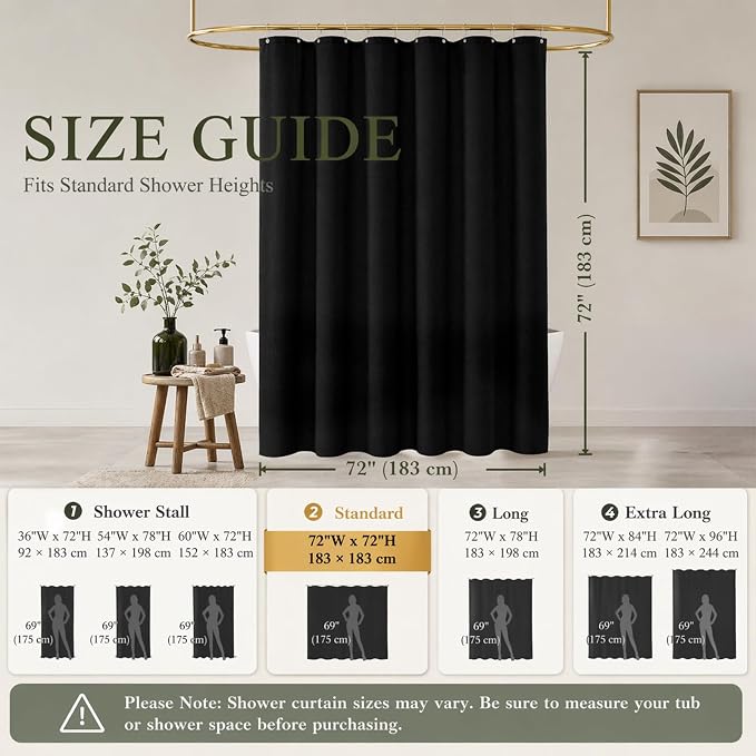 Seasonwood Black Linen Shower Curtain Farmhouse Bathroom Decor 72x72 Inches | Boho Bathroom Decor,12 Sturdy Stainless Steel Sliding Hangers,Rustic Country Style,Linen Shower Curtains for Bathroom