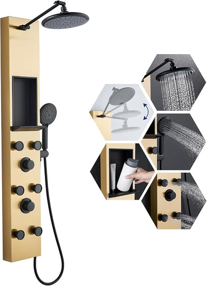 ROVATE Shower Panel Tower with Shelf & Adjustable Shower Arm, Brushed Gold | Stainless Steel Shower Column with 6 Adjustable Body Jets, Self-Cleaning Rainfall Shower Head & Flexible Handheld, Wall Mount