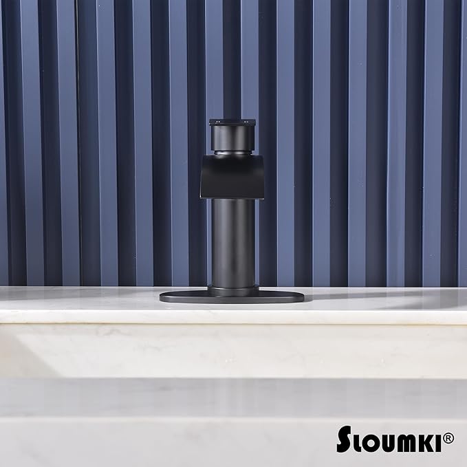 Black Waterfall Bathroom Faucet Single Hole, Matte Black Single Handle Bathroom Sink Faucet with Pop Up Drain and Supply Hose, Black Bathroom Faucet for Sink 1 Hole,SL5002BK