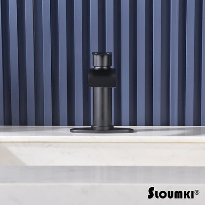 Black Waterfall Bathroom Faucet Single Hole, Matte Black Single Handle Bathroom Sink Faucet with Pop Up Drain and Supply Hose, Black Bathroom Faucet for Sink 1 Hole,SL5002BK