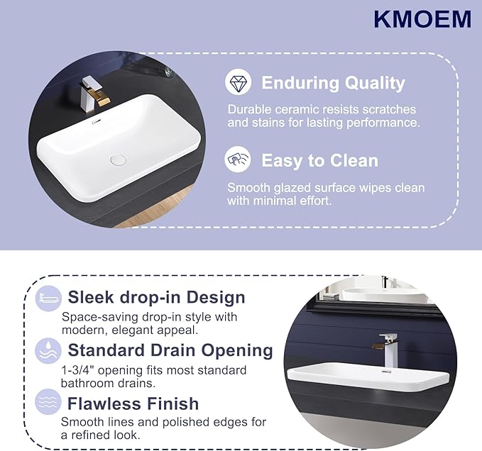 Vessel Sink 27"x16" Semi Recessed Bathroom Sink Drop-in White Bathroom Sink Porcelain Ceramic Modern Rectangular Sinks Drop-in Vanity Sinks with Overflow for Bathrooms