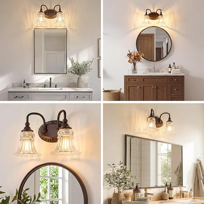 2-Light Vintage Bathroom Light Fixtures, Oil Rubbed Bronze | Vanity Lights Over Mirror with Floral Glass Shade for Bathroom Powder Room, Living Room Hallway