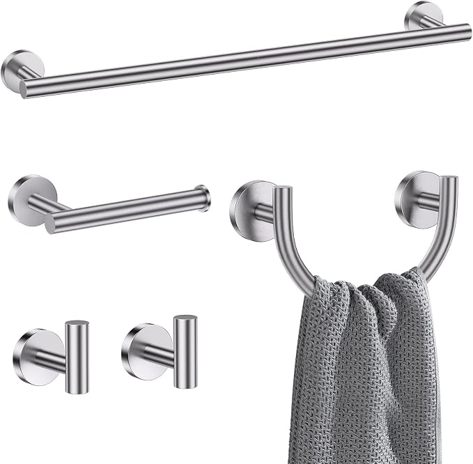 Brushed Nickel Towel Bar Set, 5-Piece Bathroom Hardware Accessories Set with Smiley Face Towel Rings, Stainless Steel Wall-Mounted Towel Holder Set for Bathroom,23.6 Inch