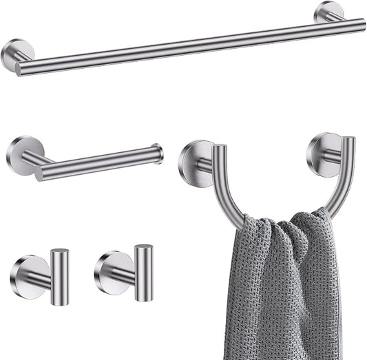 Brushed Nickel Towel Bar Set, 5-Piece Bathroom Hardware Accessories Set with Smiley Face Towel Rings, Stainless Steel Wall-Mounted Towel Holder Set for Bathroom,23.6 Inch