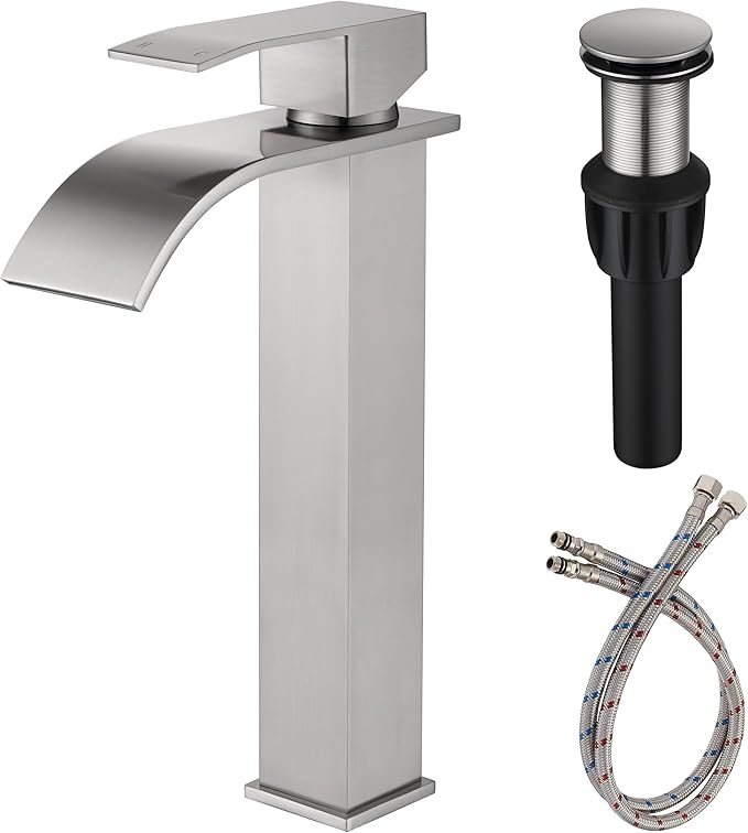 Vessel Sink Bathroom Faucet, Brushed Nickel Single Hole Waterfall Sink Faucets with Supply Hose and Pop Up Drain, Tall Waterfall Faucet for Bathroom Sink, JXM1221BN