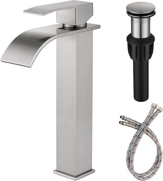 Vessel Sink Bathroom Faucet, Brushed Nickel Single Hole Waterfall Sink Faucets with Supply Hose and Pop Up Drain, Tall Waterfall Faucet for Bathroom Sink, JXM1221BN