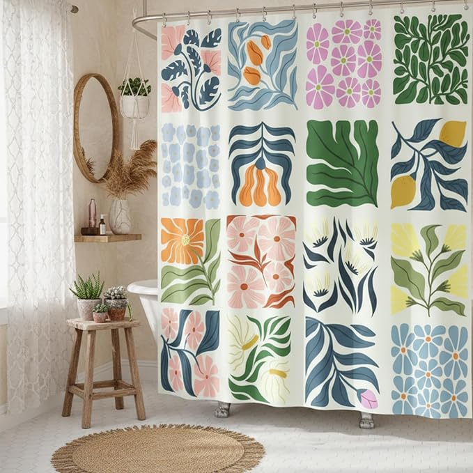 JAWO Retro Shower Curtain Vintage Abstract Boho Floral Shower Curtains for Bathroom Decor Green Teal Botanical Geometric Groovy Aesthetic Pattern Shower Curtain Sets with Hooks, 70X70IN