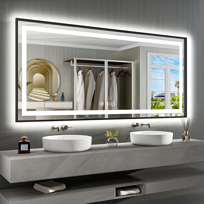 LED Bathroom Mirror Black Framed 72"X36", Front Light and Backlit | Metal Framed Mirror, Stepless Dimmable, HD Reflection, Anti-Fog, Shatter-Proof, Memory, 3 Colors Lighting, UL Listed.