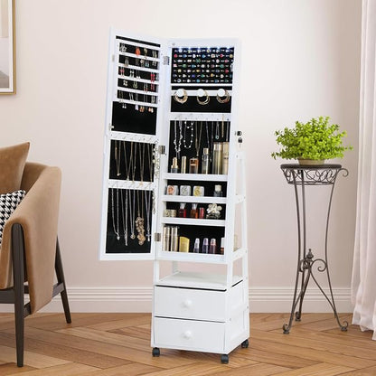 Jewelry Armoire Cabinet Organizer Standing with 20 LED Lights | Lockable Full Length Mirror with Storage Shelves and 2 Drawers (White) Adjustable Tilt Angles Gift for Her
