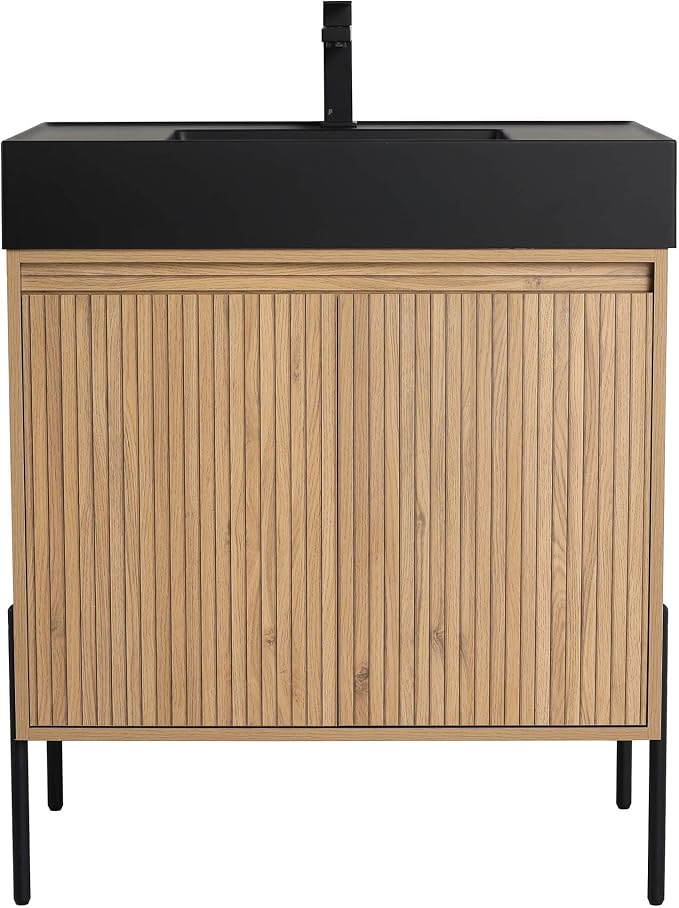 Crownpoint 30 Inch Bathroom Vanity with Sink, Black Sink, Bright Oak Finish, Full Assembly Required, Elegant Bathroom Vanities for Modern Homes