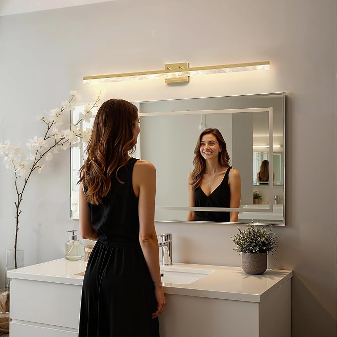 L LOHAS LED 48 Inch Gold Vanity Light Bar Over Mirror Marble Acrylic 3CCT | Modern LED Vanity Light With Marble Acrylic Shade, Adjustable Bathroom Mirror Lighting for Bedroom and Living Room