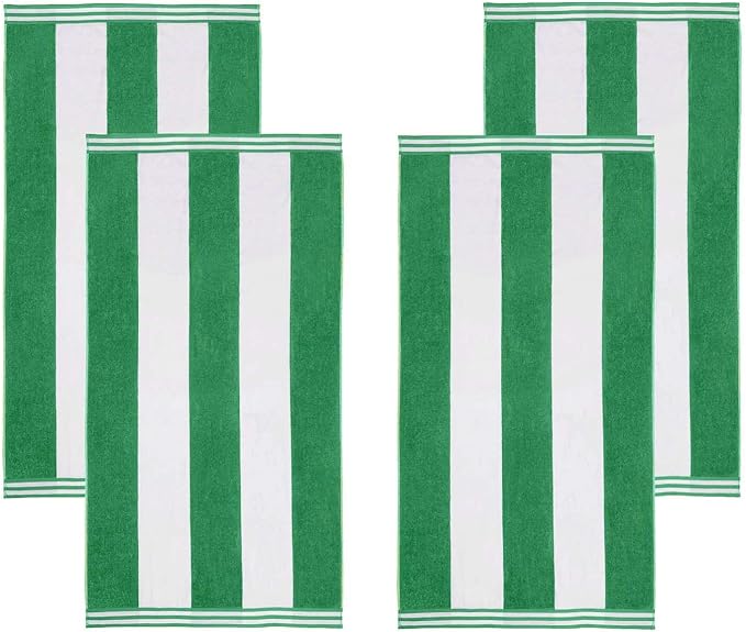 Superior Cotton Striped Beach Towels, Colorful Towels for Adult, Kid, Pool, Swimming, Sand, Travel, Large Oversized, Absorbent, Fast Drying, Bath Basics, Cabana Collection, Set of 4, Dark Green