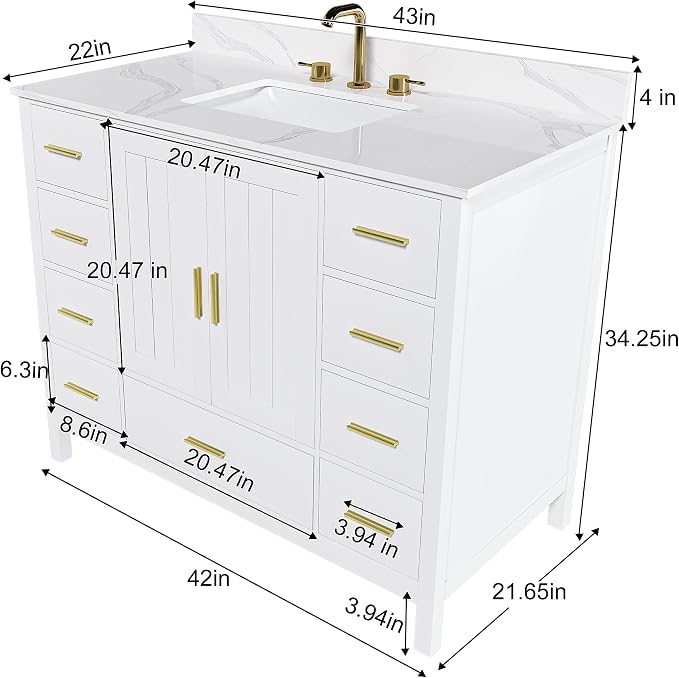 42 Inch Bathroom Vanity with Sink&Countertop,Carrara White Quartz Counter Top with Sink&Backsplash,White Bathroom Cabinet Set with 2 Doors and 9 Drawer(Three Holes)