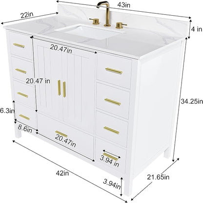 42 Inch Bathroom Vanity with Sink&Countertop,Carrara White Quartz Counter Top with Sink&Backsplash,White Bathroom Cabinet Set with 2 Doors and 9 Drawer(Three Holes)