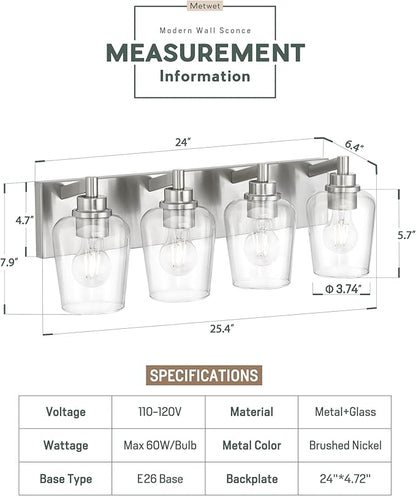Bathroom Light Fixtures, 4-Light Modern Vanity Light with Clear Glass Wine Glass-Shaped Shade, Vanity Lighting Fixtures Over Mirror, Brushed Nickel, VL155-BN-4