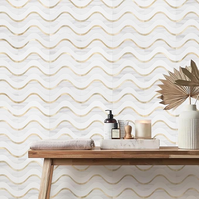 Vamos Tile Peel and Stick Backsplash Seamless Tile,Dolomite+White+Gold,10 | Stick on Backsplash for Kitchen and Bathroom, PVC Mix Metal Gold Self Adhesive Wall Tiles,11.8''x10.15''