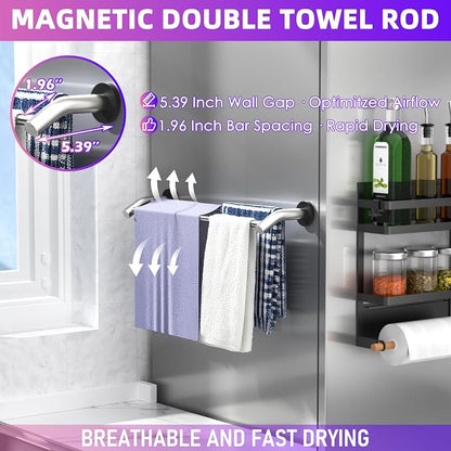 ULIBERMAGNET Magnetic Towel Bar, Extendable Double Towel Rack with Arched Arms, Magnetic Kitchen Towel Holder Rod Hook for Refrigerator, Laundry, Dishwasher, Oven, Stove (Silver)