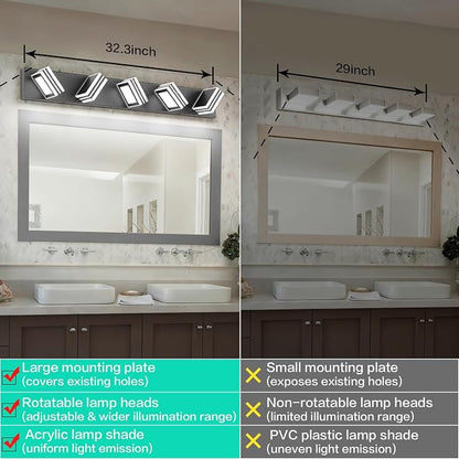 SOLFART LED Bathroom Lighting Fixtures - 5 Lights Modern Matte Black Acrylic Vanity Lights for Mirror 32inch 24W