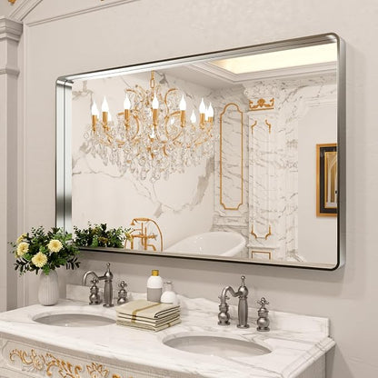 LOAAO 60X36 Inch Brushed Nickel Bathroom Mirror | Rounded Rectangle, Silver Metal Frame, Anti-Rust, Tempered Glass, Hangs Horizontally or Vertically