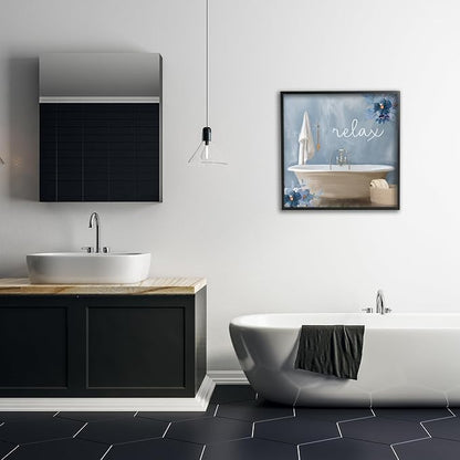 Blue Floral Bathroom Relax Scene, 24 x 24 Inch Framed Giclée Print | Stupell Industries · By Kim Allen · Ready to hang · Perfect for bath or laundry decor · Made in USA