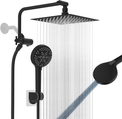 8" Metal Rainfall Shower Head with 10-Mode Handheld, Matte Black | NSF/ANSI/CAN 372 Certified, High Pressure Showerhead Combo with 11" Adjustable Shower Arm, 71" Hose, Shower Head Holder