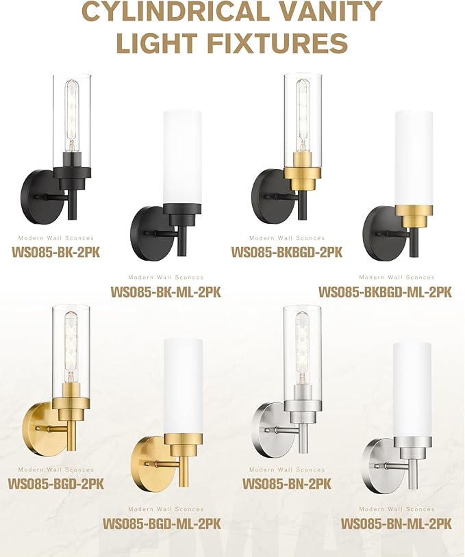Emak Black and Gold Sconces Wall Lighting, Modern Vanity Lights with Clear Glass Shade, Wall Sconce for Bathroom, Bedroom, Living Room, Hallway, WS085-BKBGD