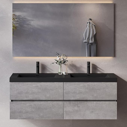 Wall Mounted 60 Inch Bathroom Vanity with Sink, Floating Vanity Bathroom, Double Sink Bathroom Vanity, 2 Drawers, 2 Soft Closing Doors, Resin Integrated Sink (Dark Birch)